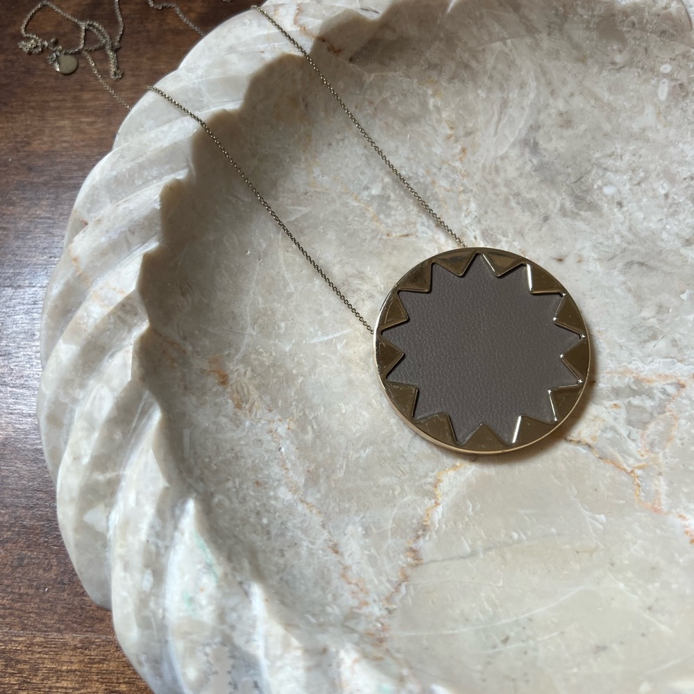 Sunburst Gold Pendant Necklace - Gold and Taupe Leather